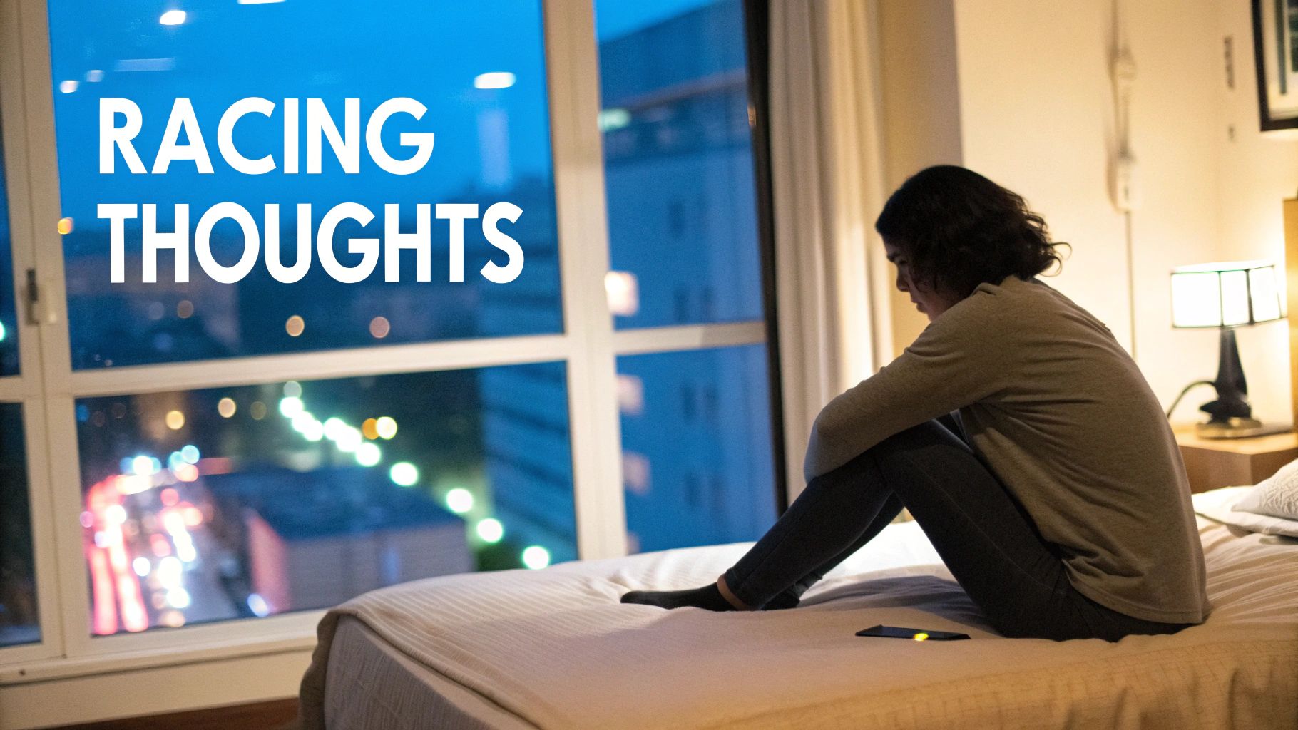 A person sitting up in bed at night, looking anxious and unable to sleep.