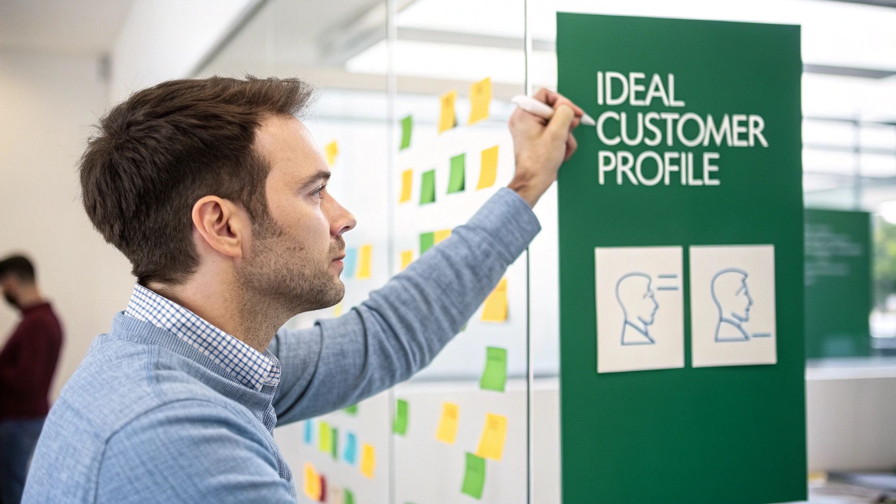 A person at a desk building a foundation for a project with colorful blocks, symbolizing the start of a B2B lead generation strategy.