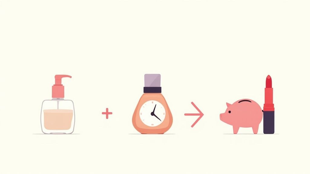Minimalist illustration depicting a sequence: soap bottle + clock leads to a piggy bank + lipstick.