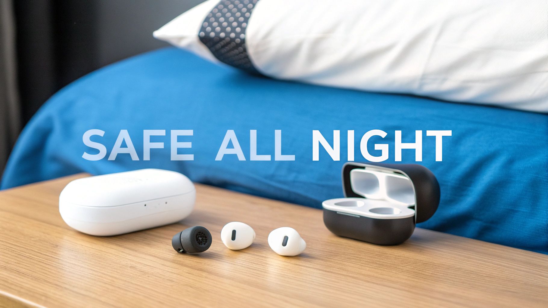 Multiple white and black sleep earbuds and their charging cases on a wooden nightstand, with a bed in the background.