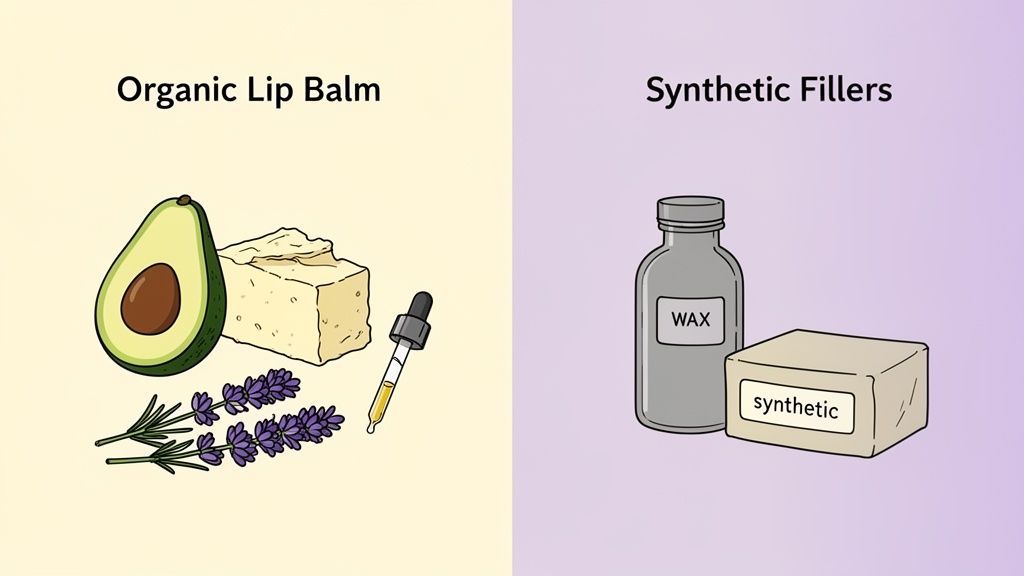 Image comparing natural organic lip balm ingredients like avocado and lavender to synthetic fillers.