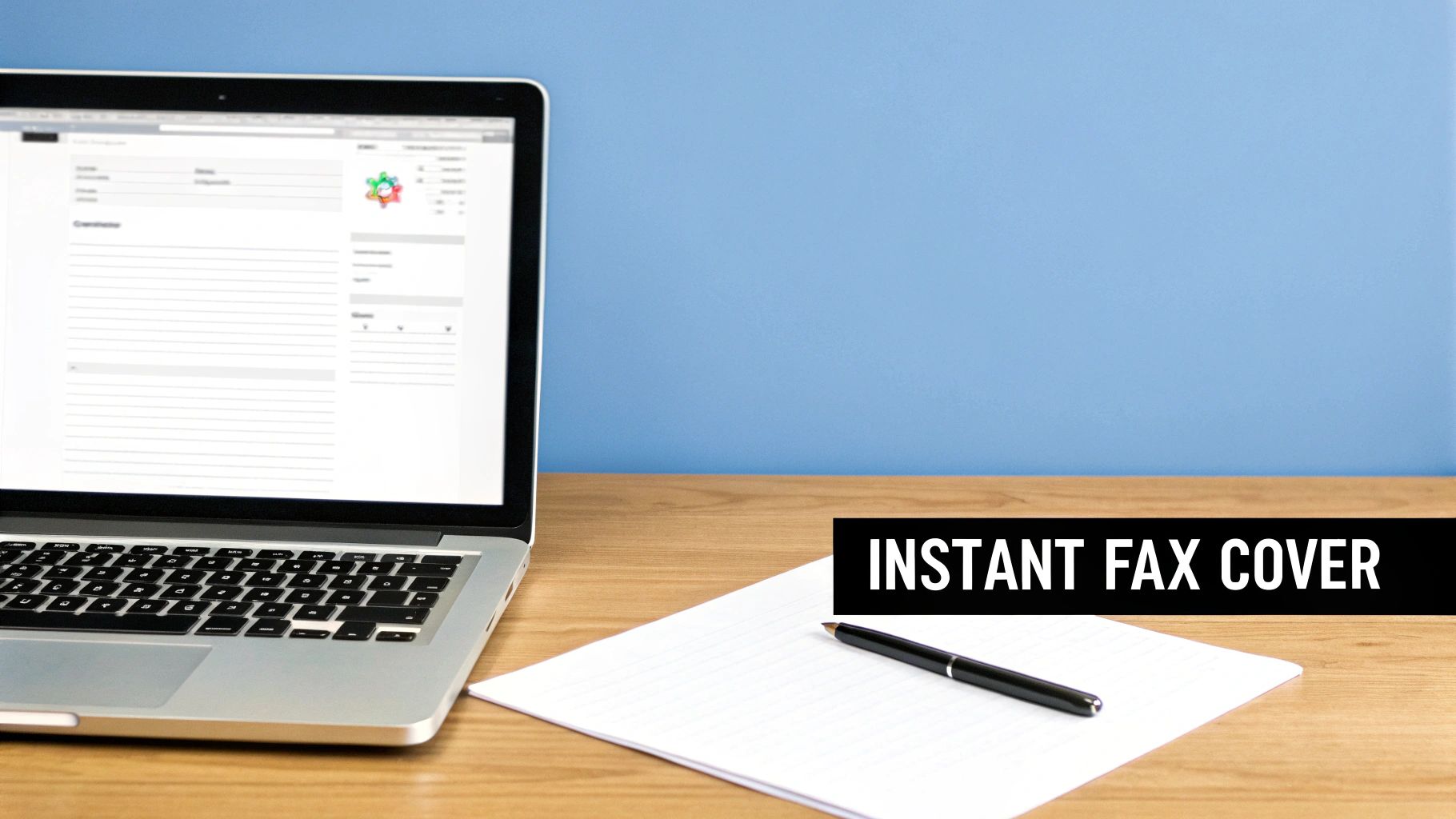 A laptop displaying a fax cover sheet template, with a pen and notebook on a wooden desk.