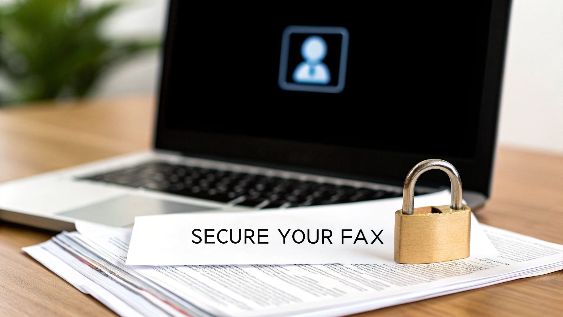 A digital lock icon overlaid on a document, symbolizing online fax security.