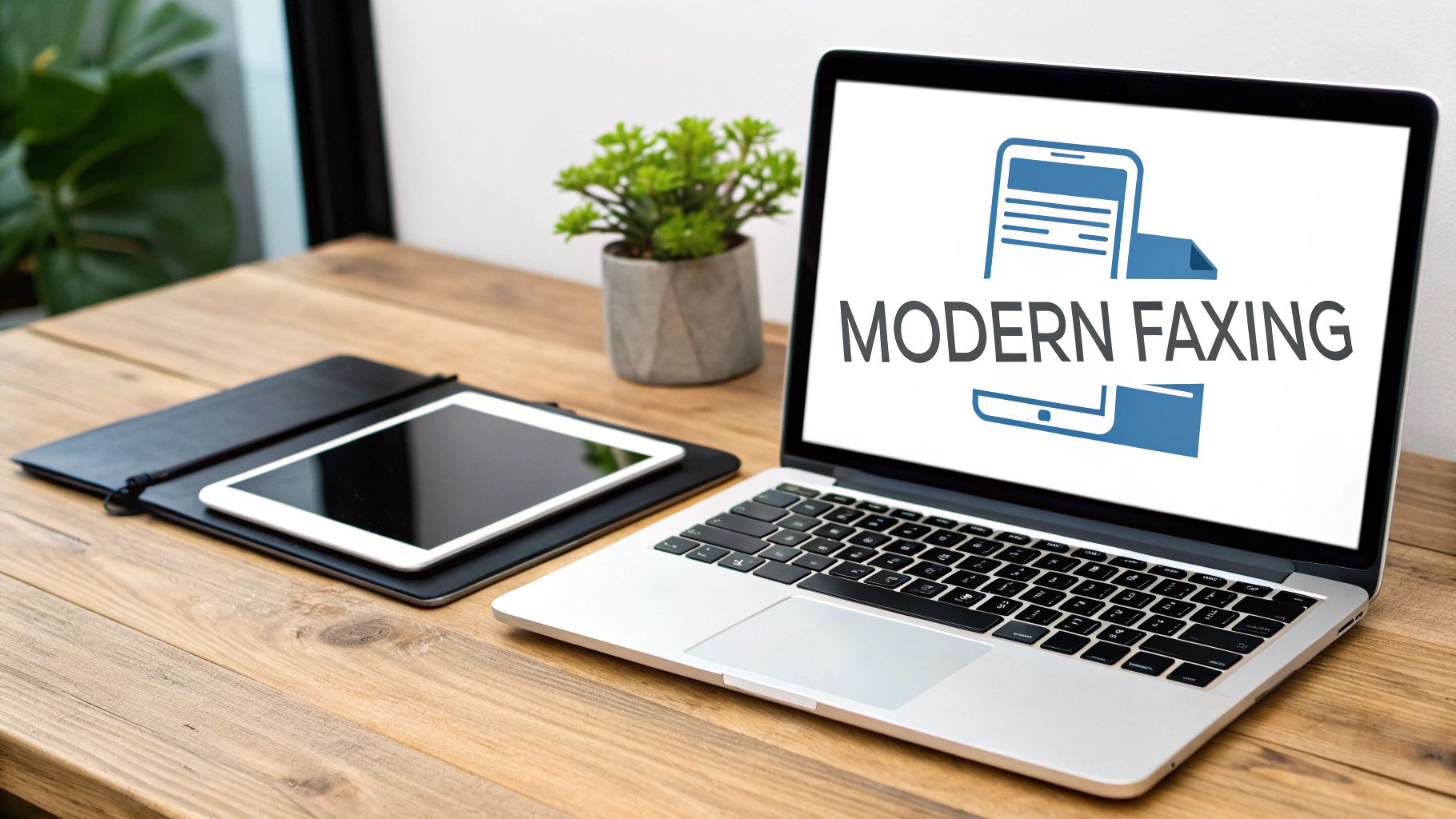 A laptop displaying 'MODERN FAXING' with a smartphone and document icon, next to a tablet on a wooden desk.