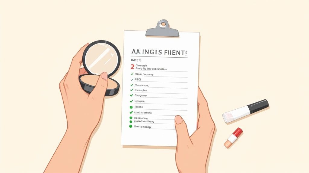 A person closely examining the ingredient label on a natural makeup product.