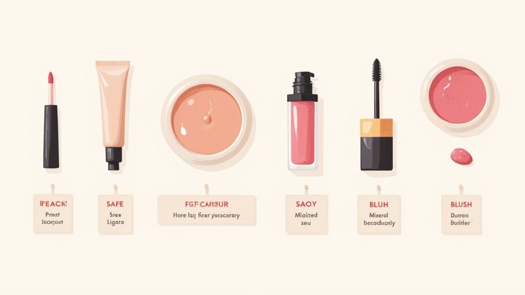 A starter kit of non-toxic makeup essentials, including foundation, mascara, lipstick, and blush, displayed on a clean, bright background.