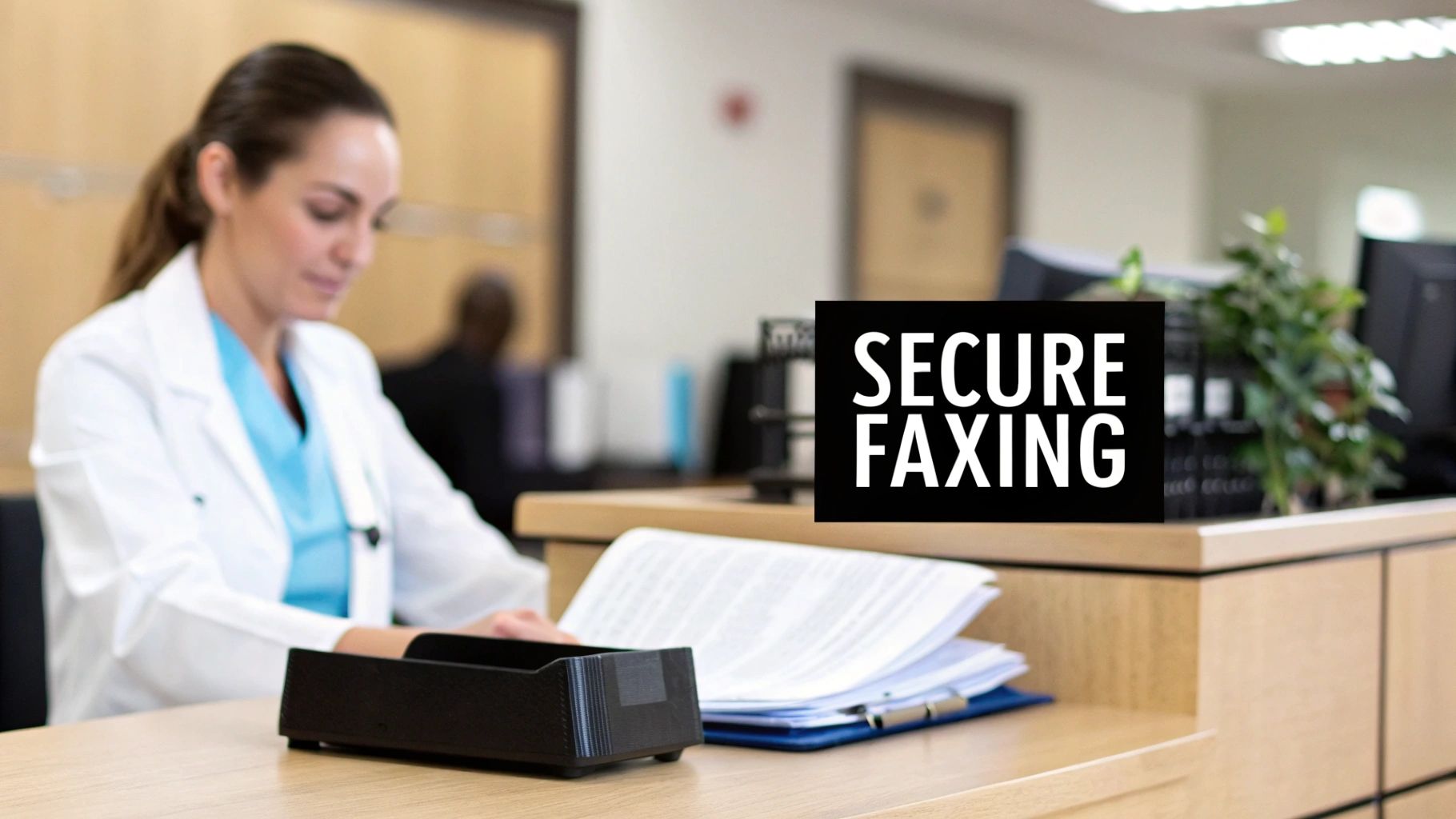 A medical professional works at a reception desk with documents, featuring a 'SECURE FAXING' sign.