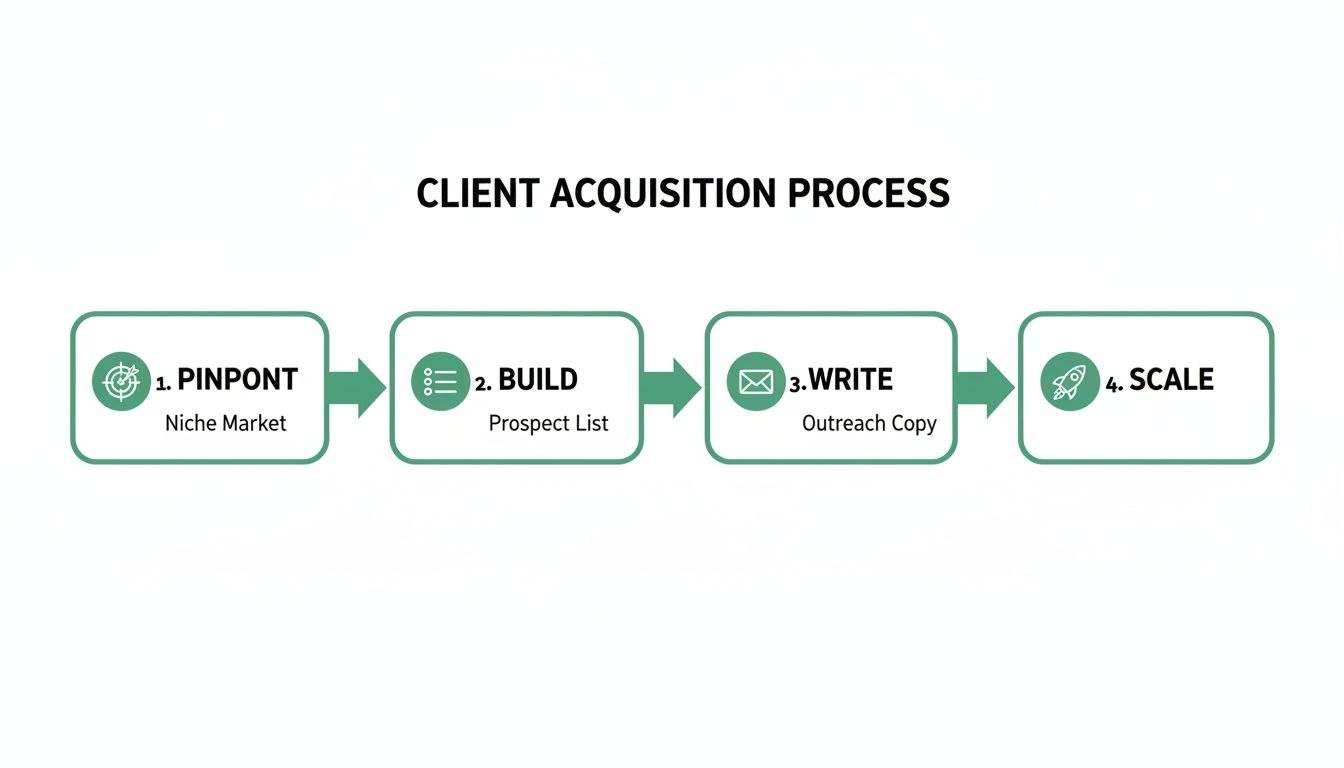 A clear flowchart outlining a four-step client acquisition process: pinpoint, build, write, and scale.