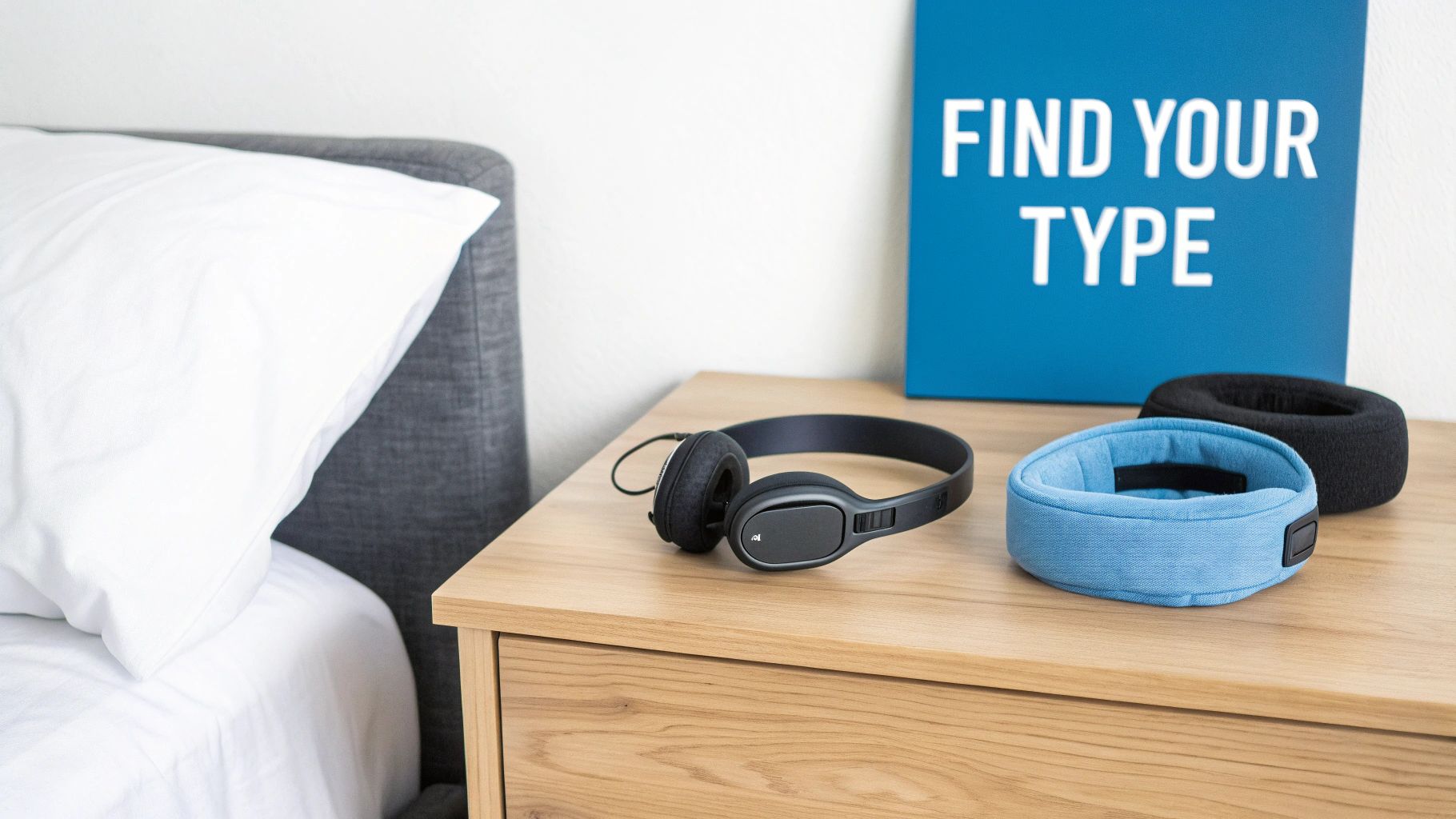 A variety of sleep headphones, including a soft headband style and discreet in-ear buds, are arranged on a clean, modern surface.