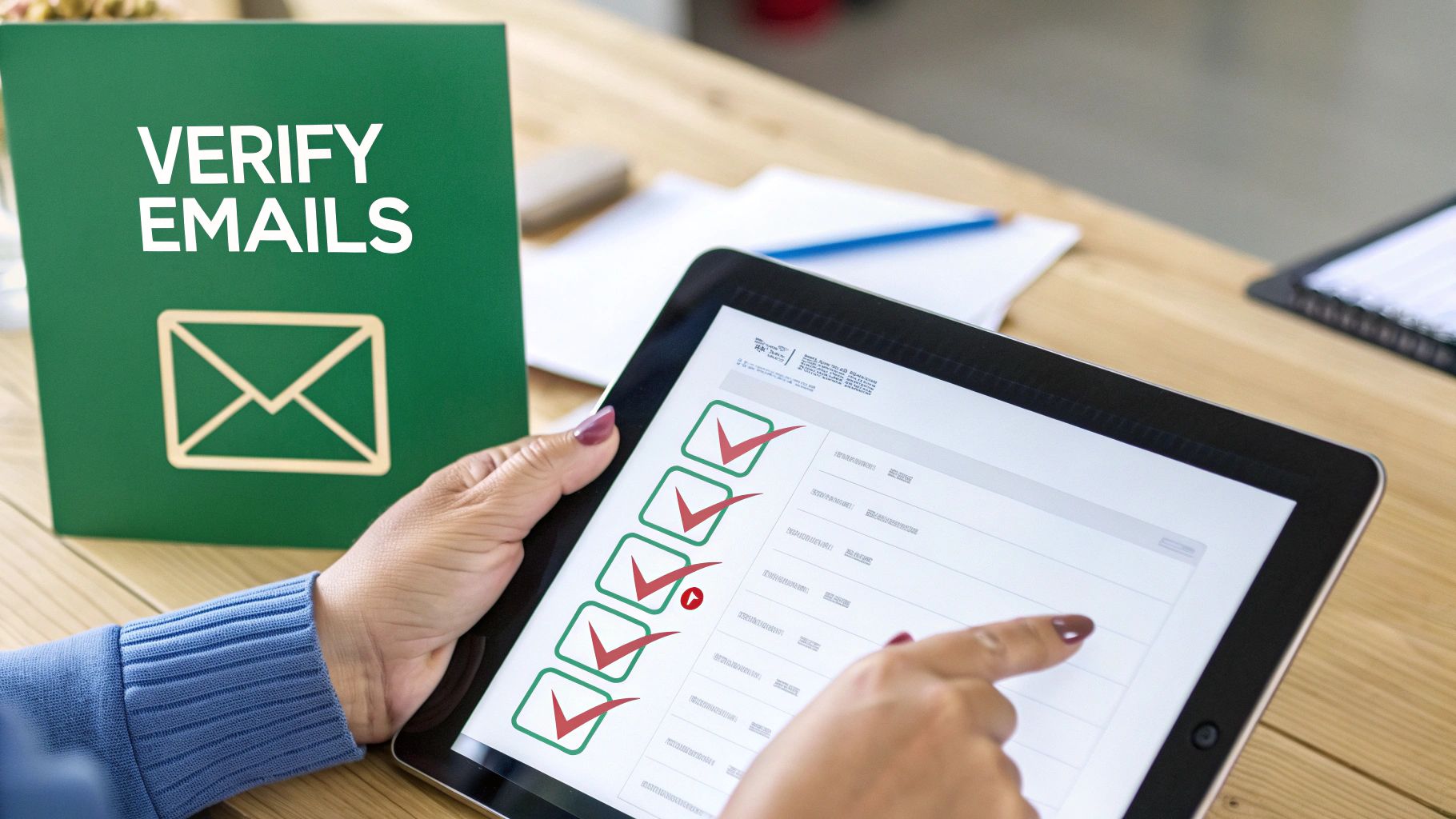 A person verifying emails on a tablet with a 'VERIFY EMAILS' sign nearby.