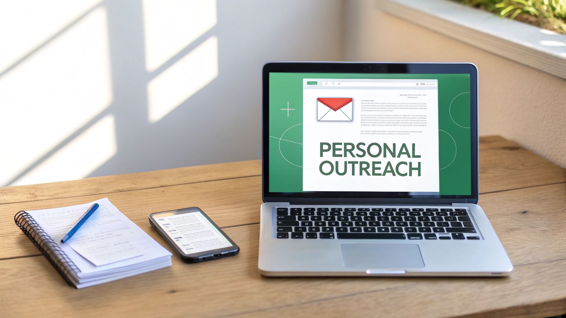 A laptop screen displaying 'PERSONAL OUTREACH' with an envelope icon, next to a notebook and phone on a wooden desk.