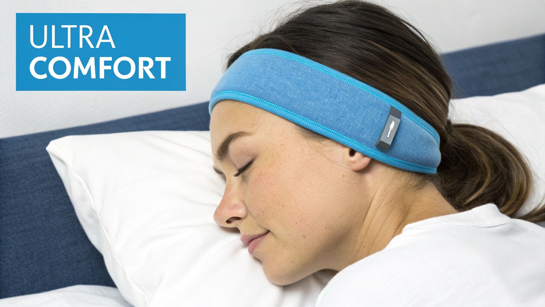 Woman sleeping comfortably on white pillow wearing blue ultra comfort noise cancelling headband