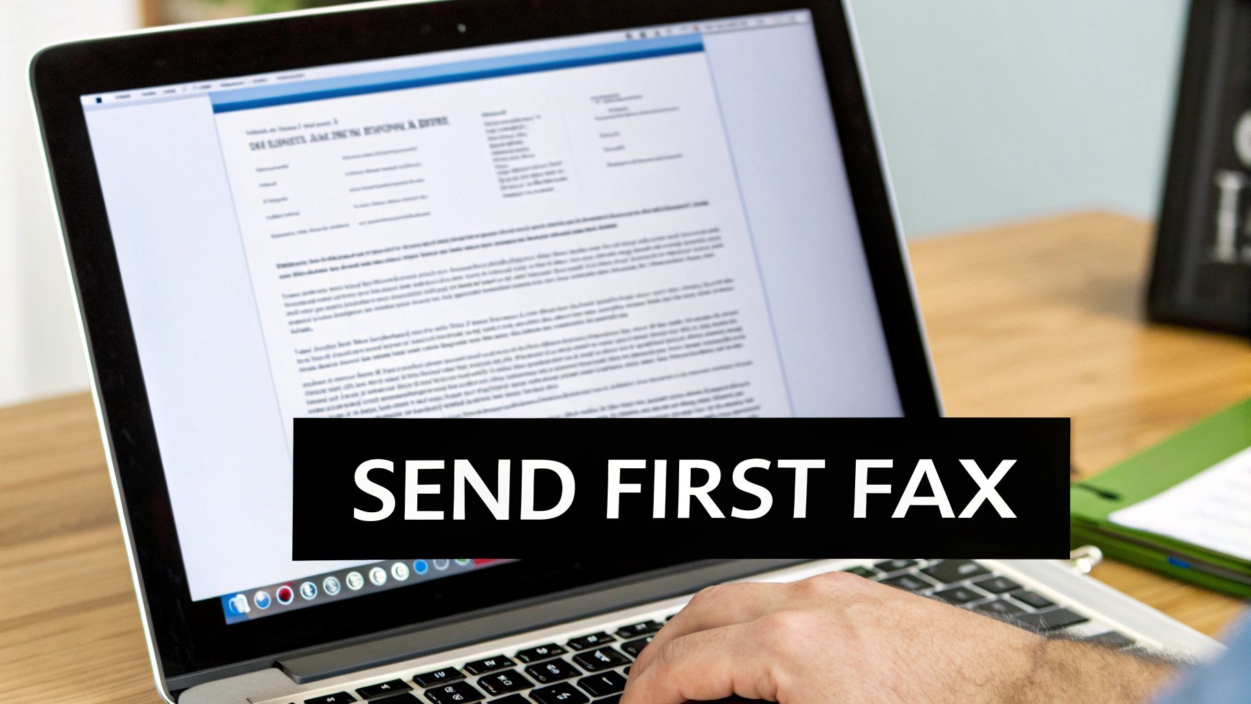 Person sitting at a desk with a laptop, looking at a document with a signature line, ready to fax from their computer.