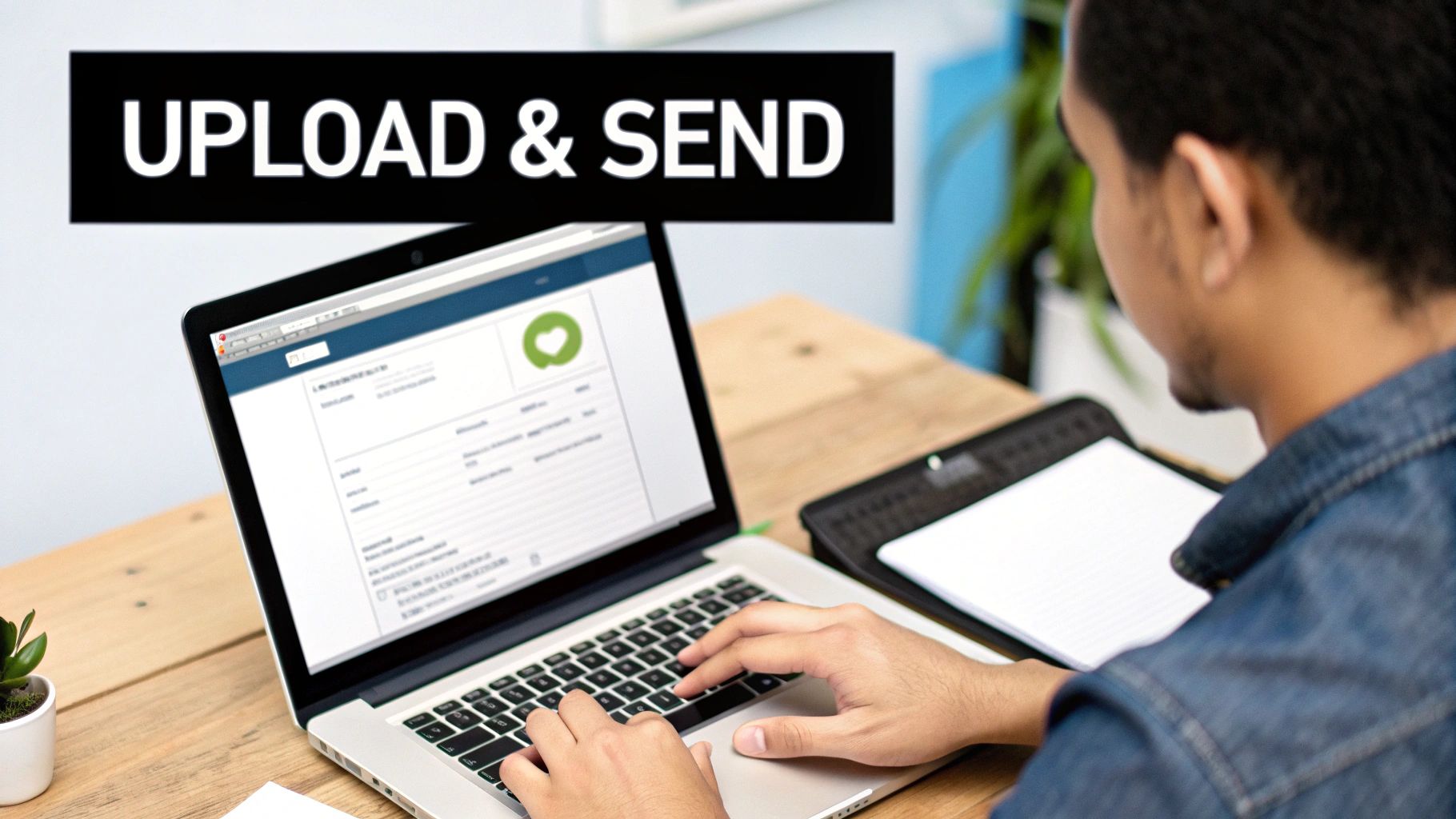 Person typing on a laptop with 'UPLOAD & SEND' text, using an online document service.