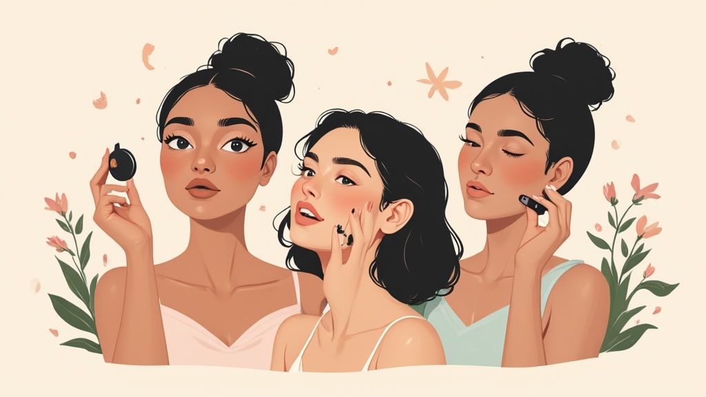 A collection of natural makeup powders and ingredients in earthy tones.