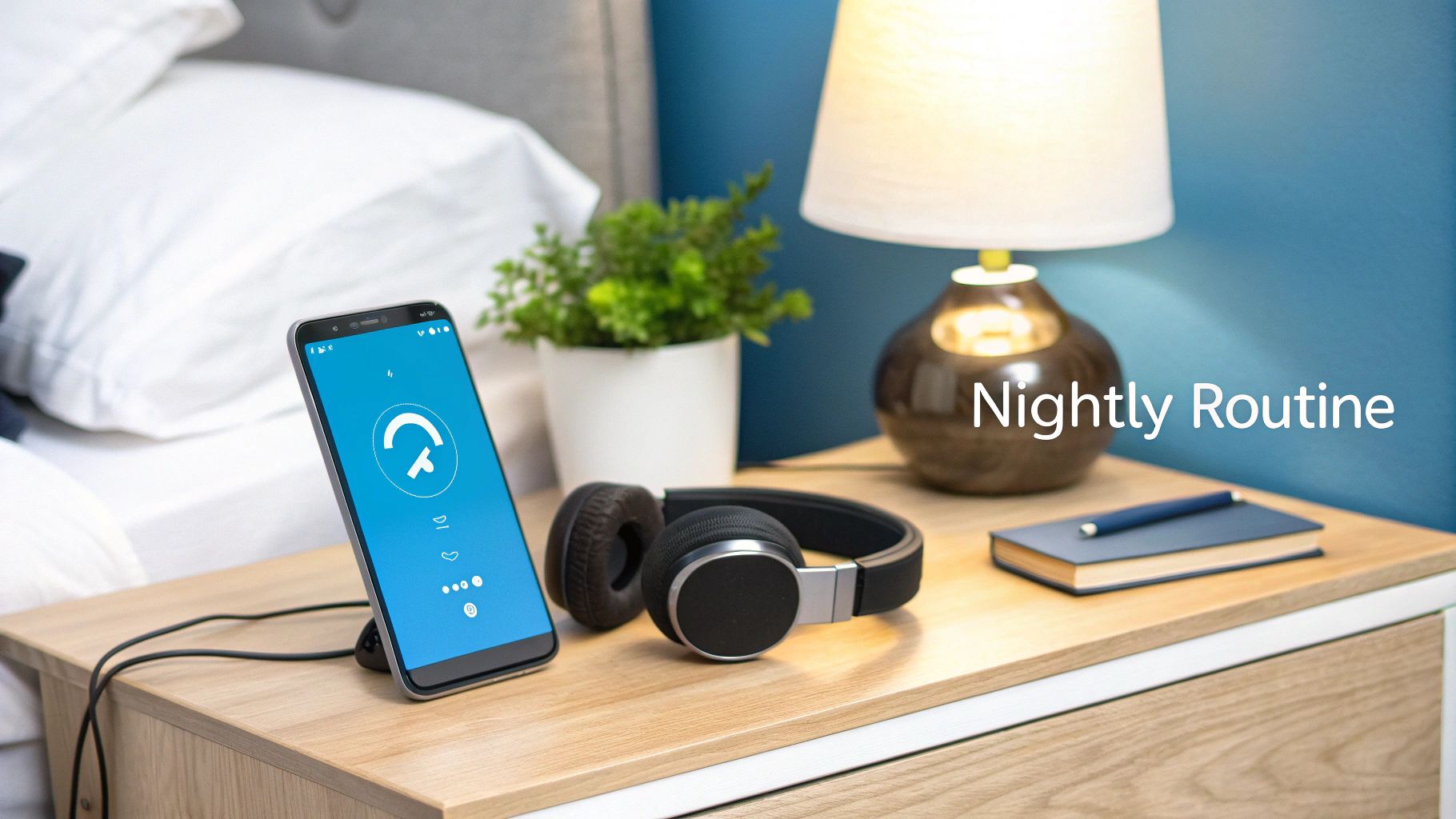 A person setting a sleep timer on their phone while wearing sleep headphones in bed.