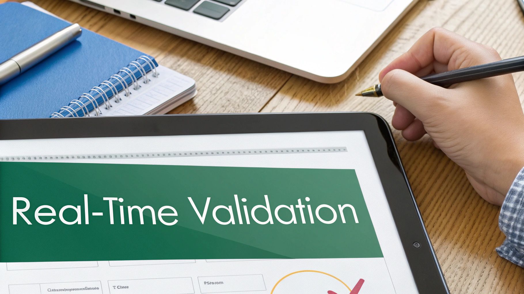 A person working on a laptop with data charts in the background