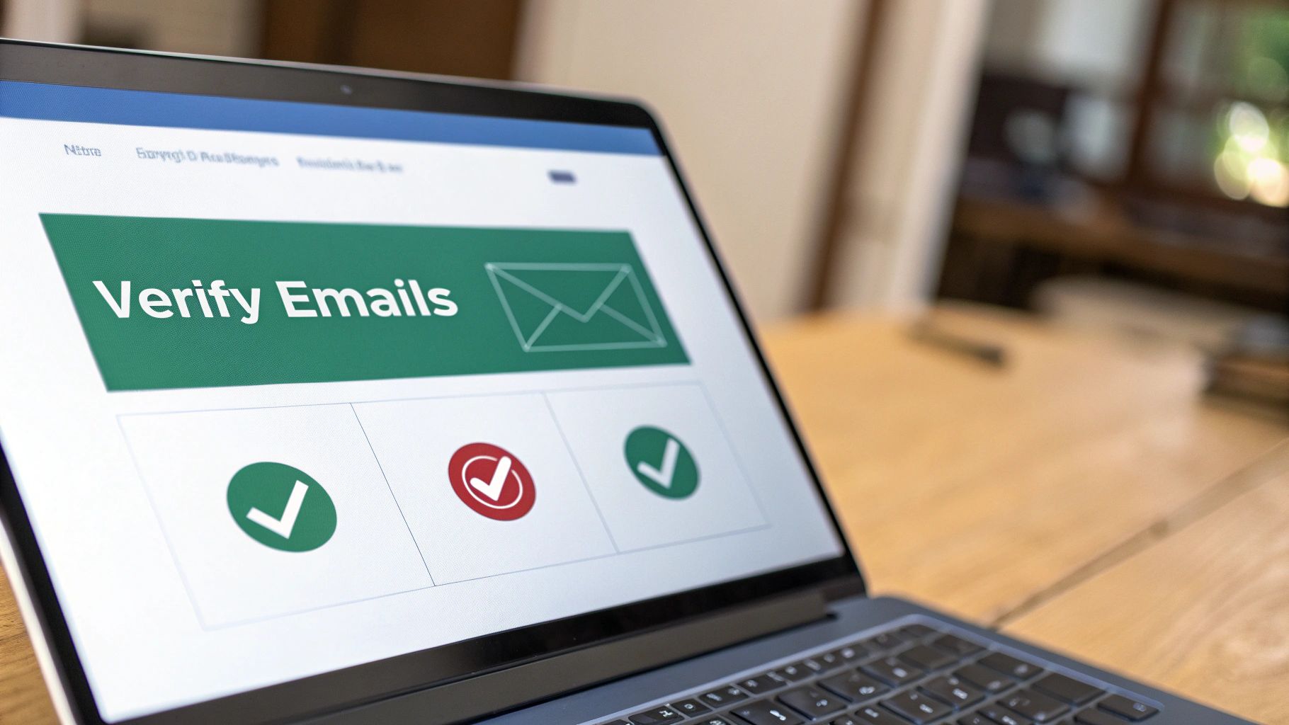 Laptop screen displaying an email verification service with multiple checkmark icons on a wooden desk.