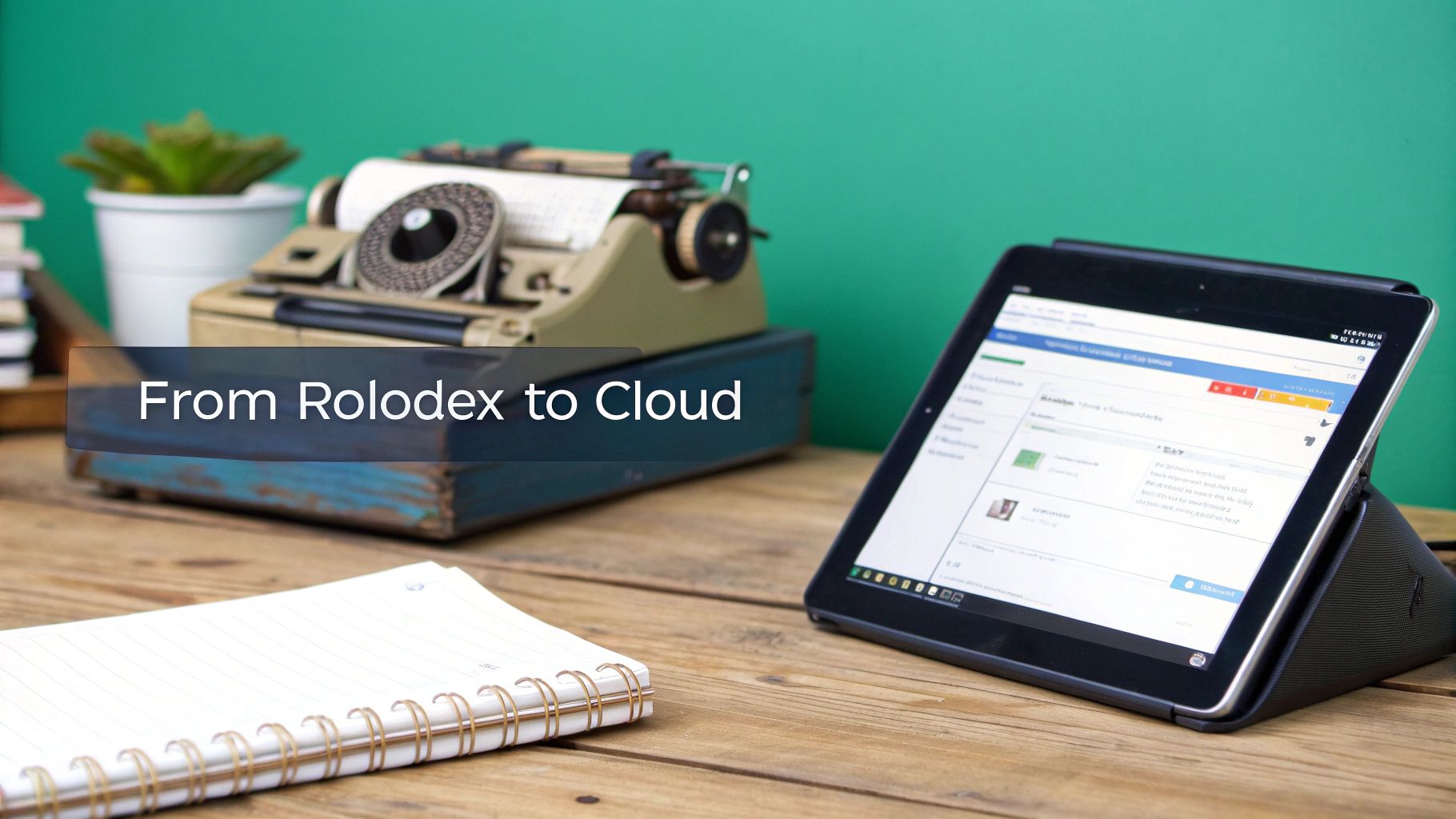 A vintage typewriter and a modern tablet on a wooden desk, symbolizing the evolution of contact management.