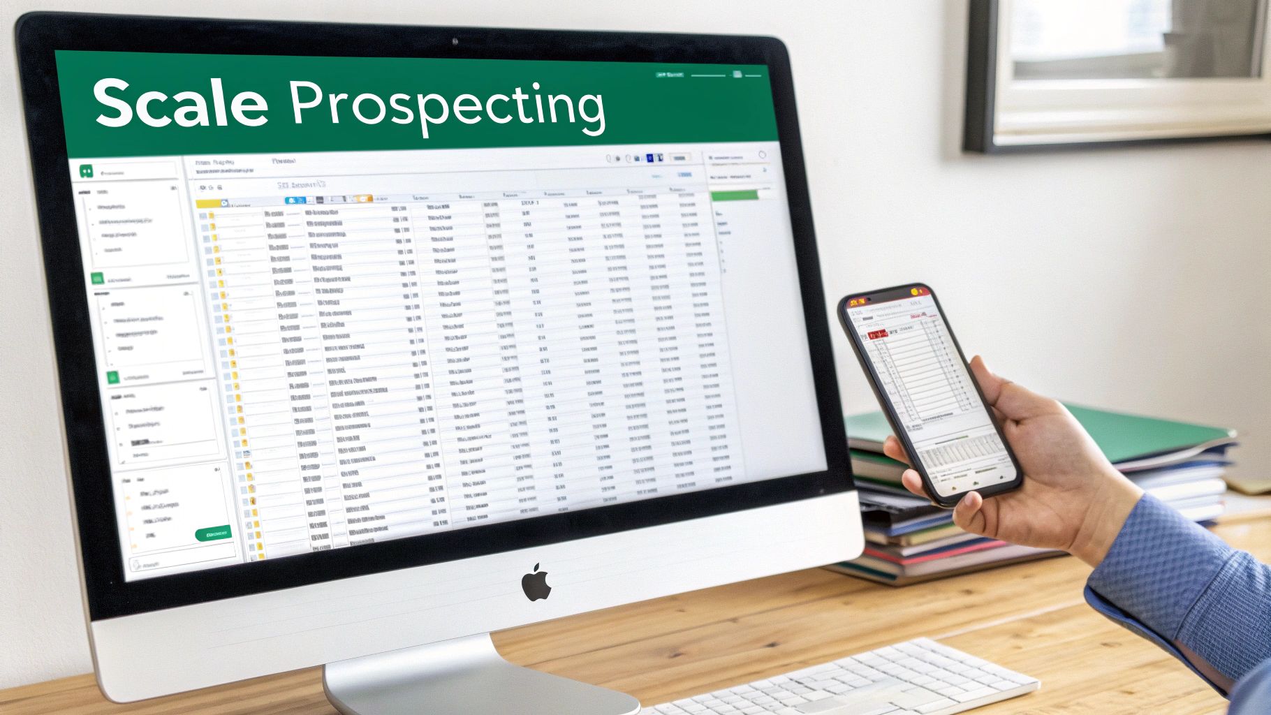 A person uses a computer and smartphone displaying data for scale prospecting in a modern office.