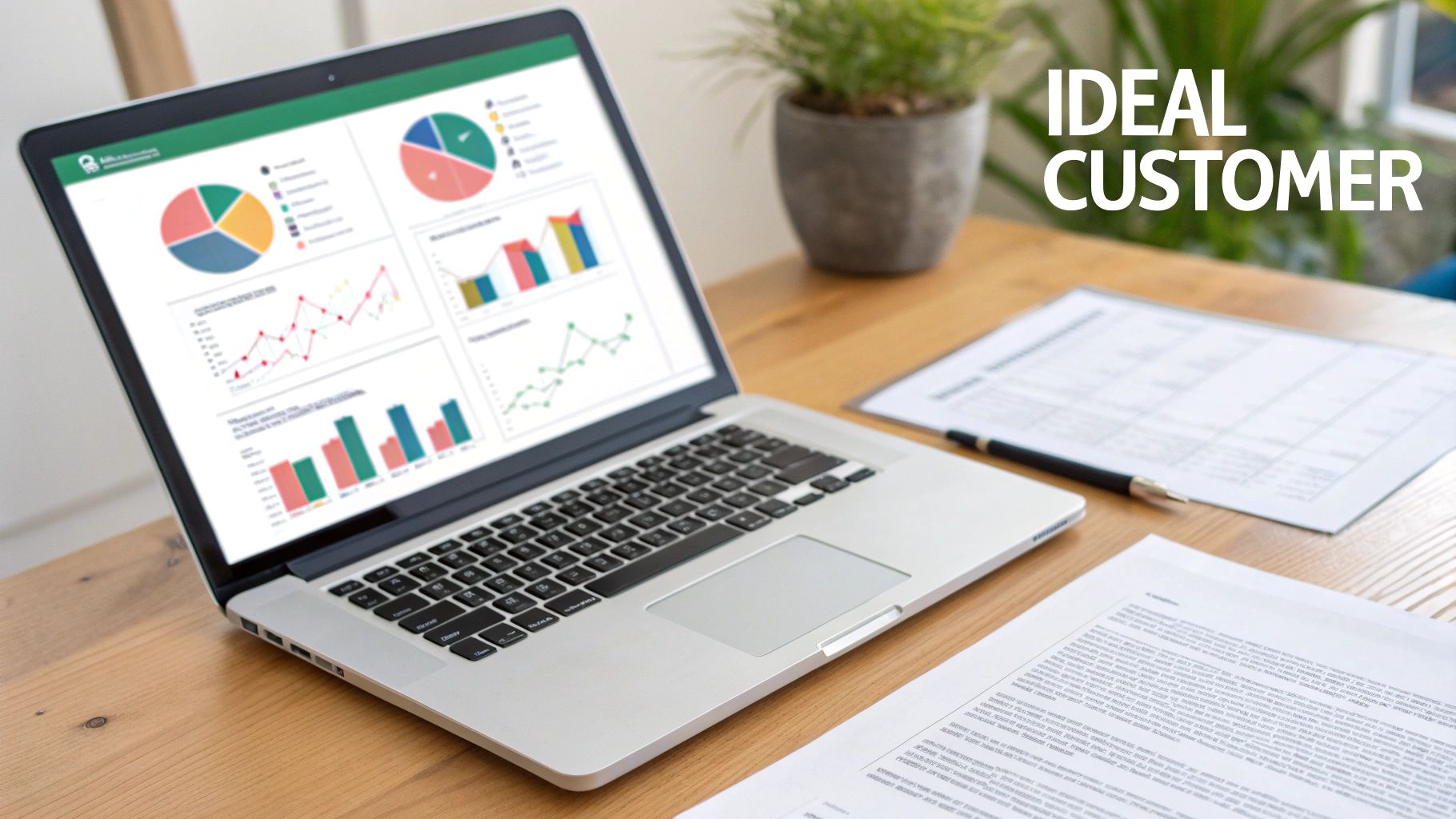 A laptop displaying various business charts and graphs, documents, and a pen on a wooden desk.