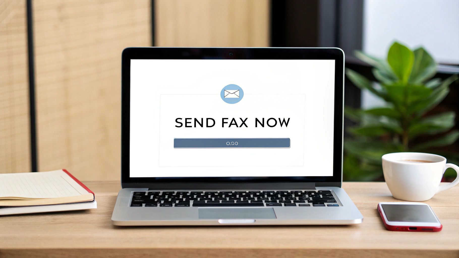 A laptop on a wooden desk displaying 'SEND FAX NOW' with a coffee cup and notebooks.
