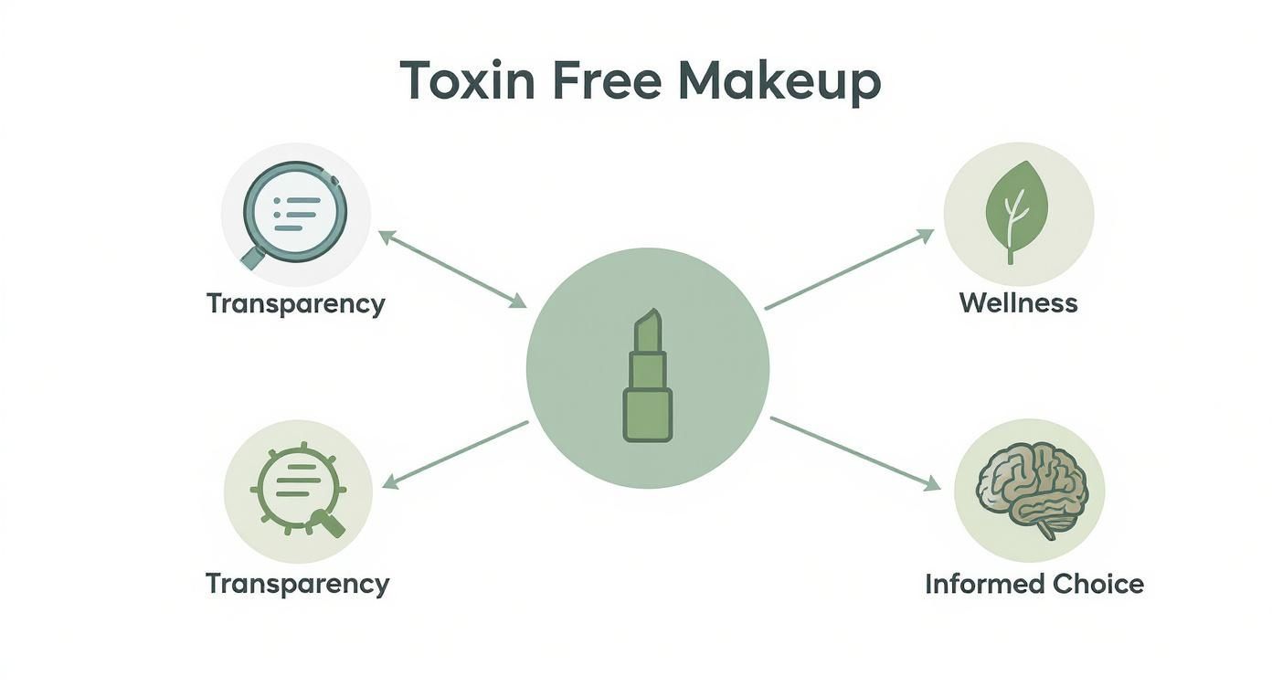 Diagram illustrating key aspects of toxin-free makeup: transparency, wellness, and informed choice.
