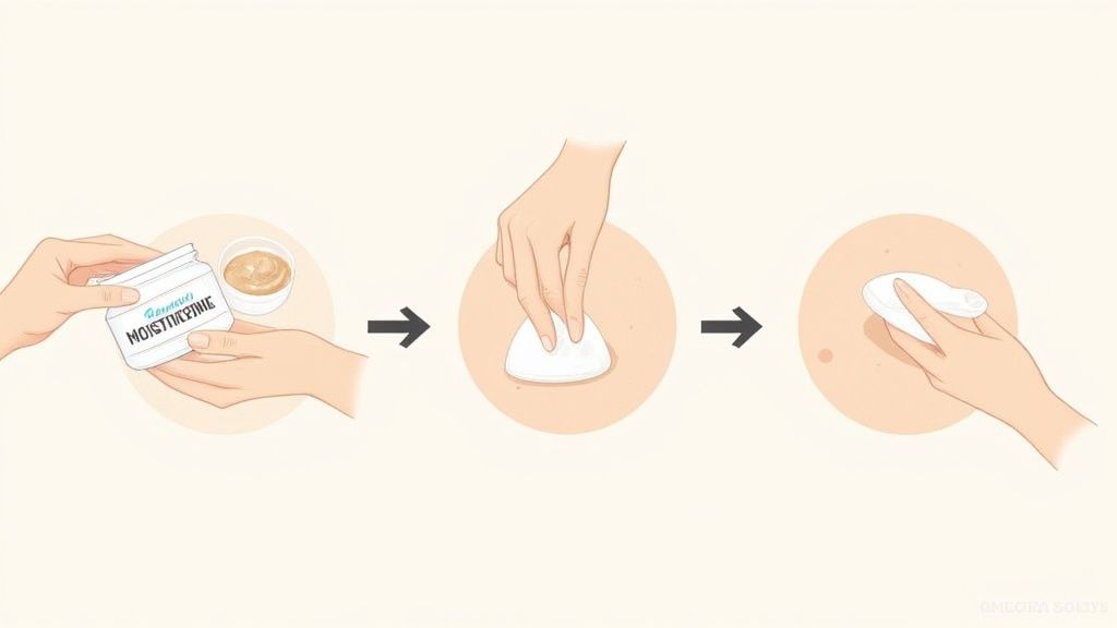 A soft beauty sponge next to a bottle of natural foundation on a clean, white surface.