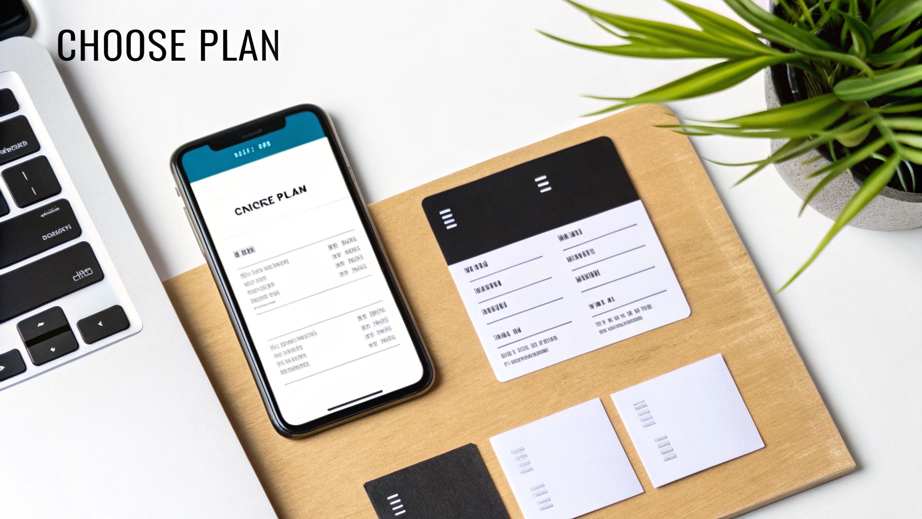A smartphone displaying 'CHOOSE PLAN' is on a white desk next to a laptop and business cards.