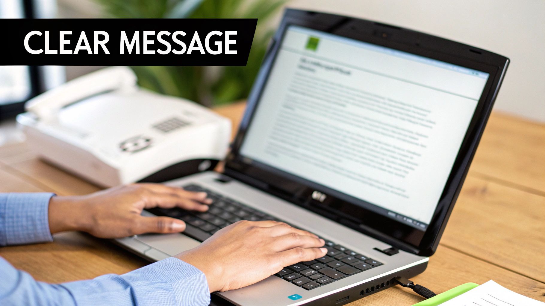 A person types a clear message on a laptop, with a traditional fax machine in the background.