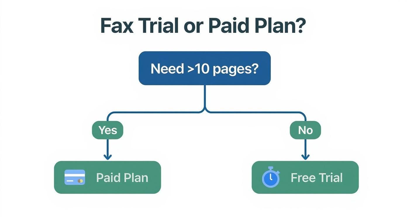 Decision flowchart showing whether to choose fax trial or paid plan based on page volume needs