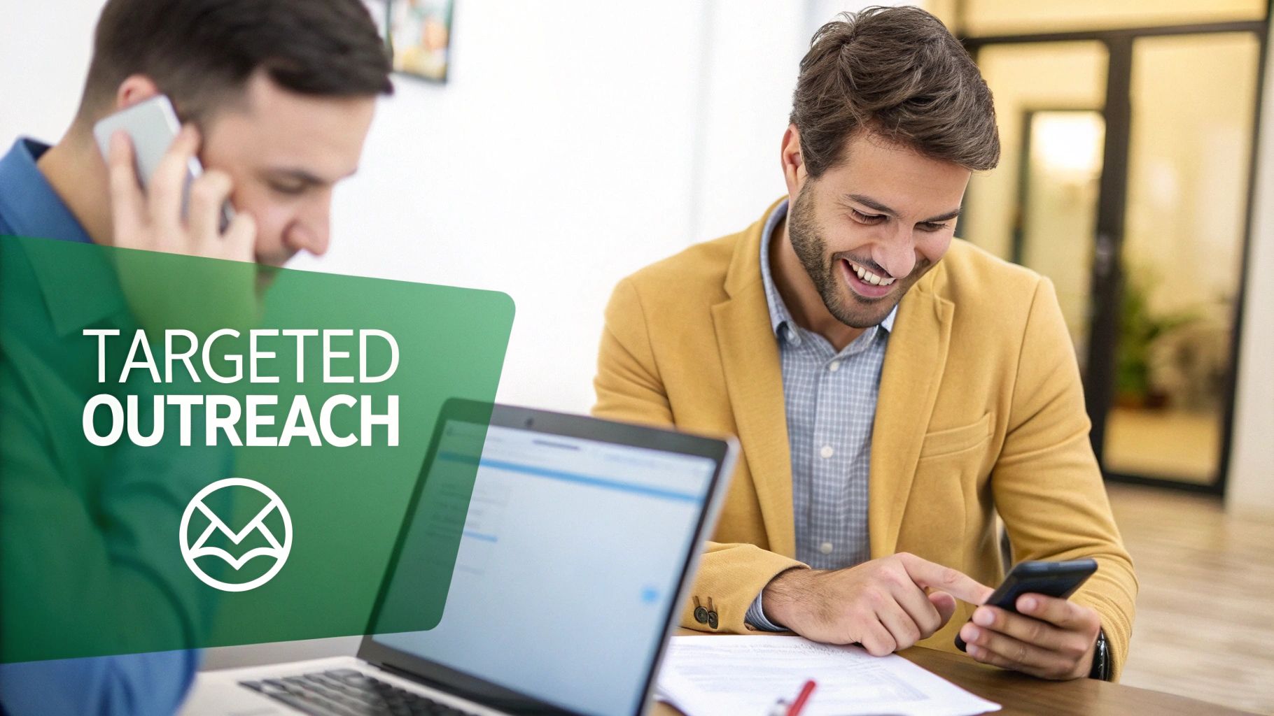 Two smiling businessmen engaging in targeted outreach with phones and a laptop in an office.