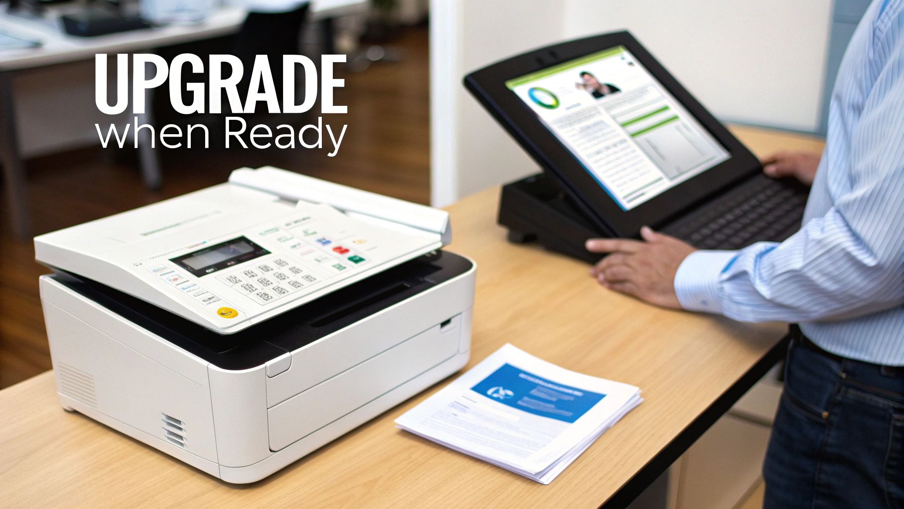 A professional working at a desk, indicating a business decision to upgrade services.