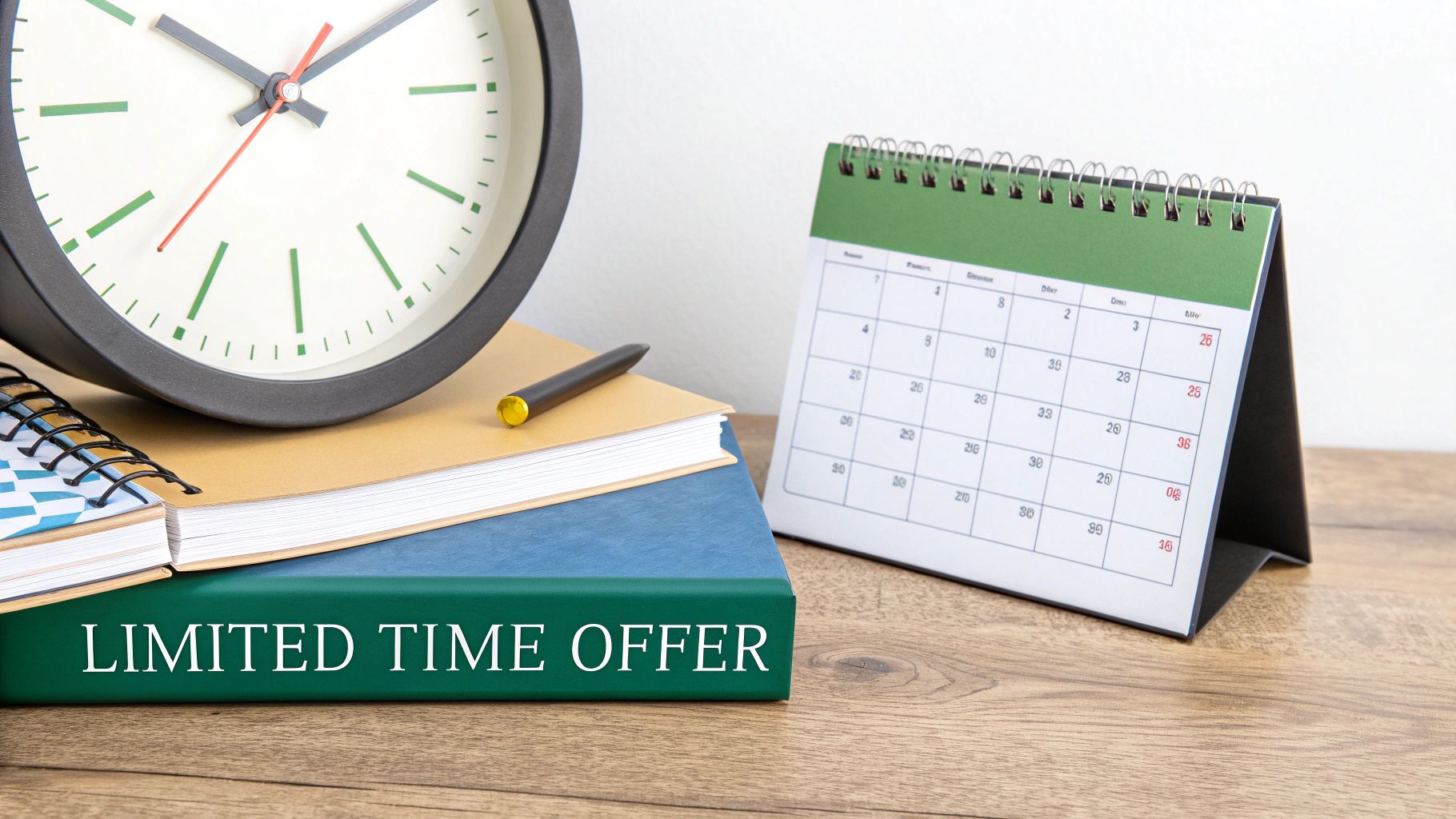 A clock, books, a pen, and a calendar on a desk with 'LIMITED TIME OFFER' text.