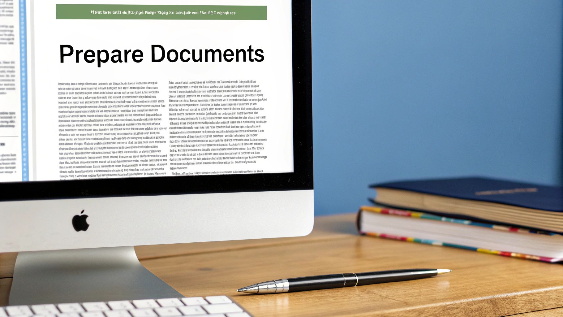 A computer screen displaying 'Prepare Documents' with a pen and books on a wooden desk.