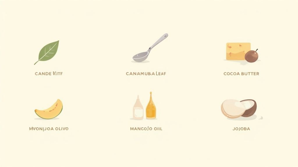 Six natural vegan ingredients for lip balm including candelilla wax, cocoa butter, and plant oils