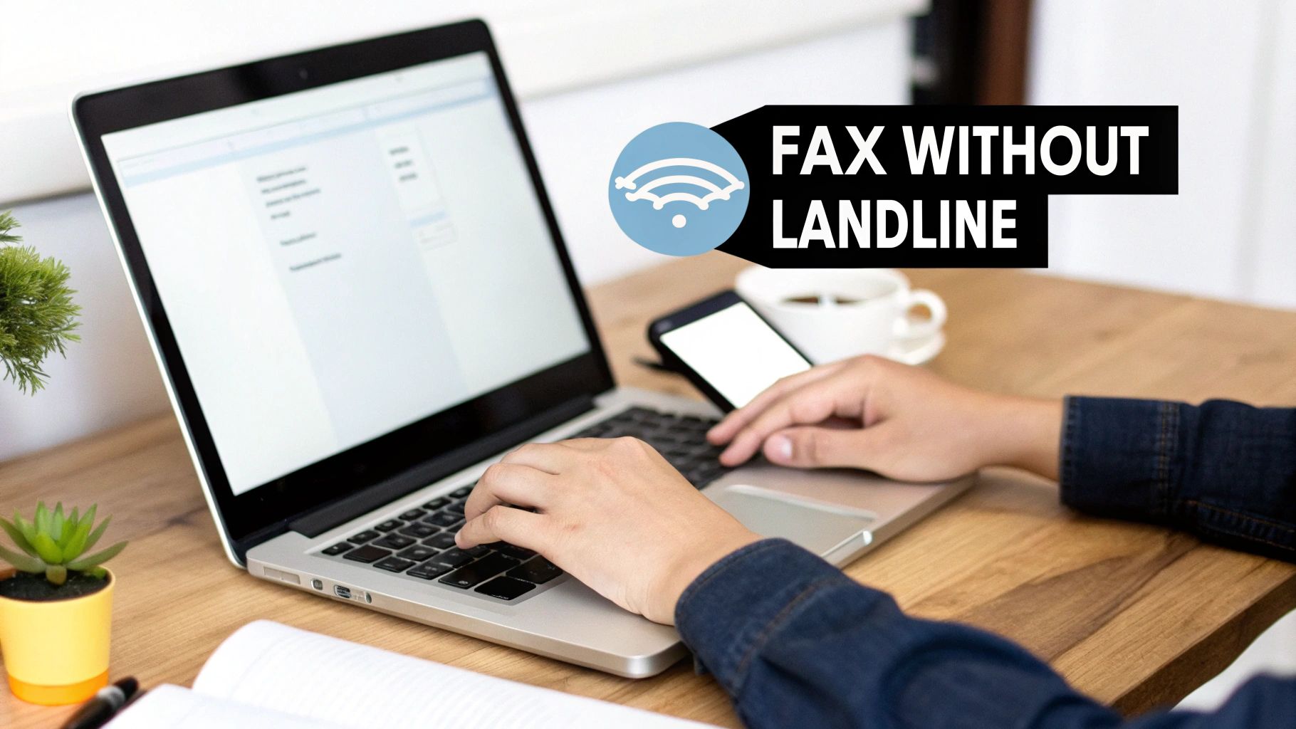 A person using a laptop and phone to send a document, symbolizing the convenience of modern faxing.