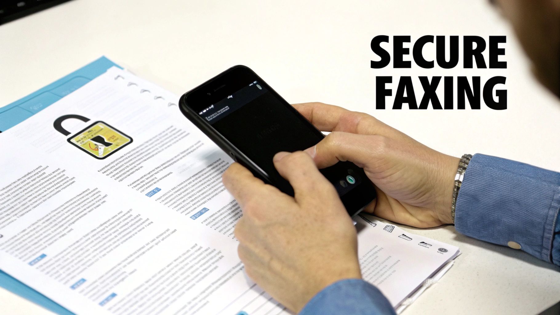 A person holds a smartphone over a document displaying a lock icon and 'SECURE FAXING' text.