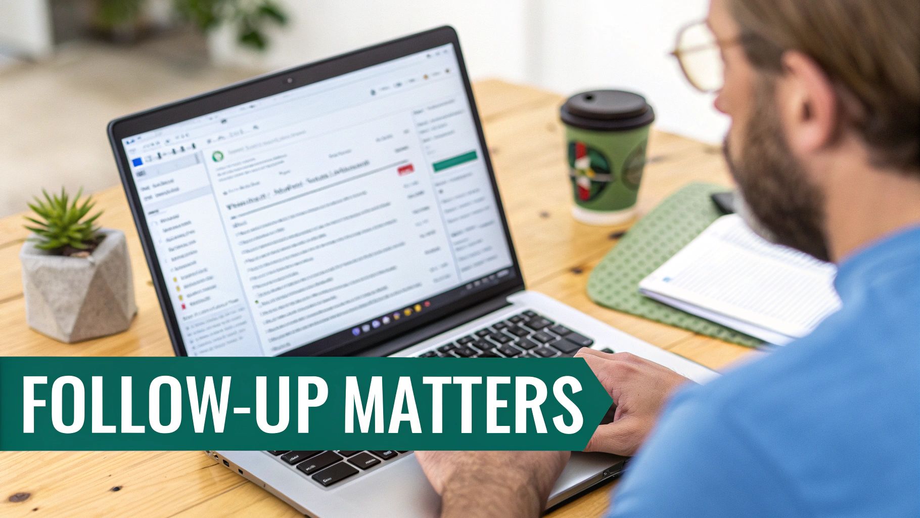 A man uses a laptop to manage emails, emphasizing follow-ups with a "FOLLOW-UP MATTERS" banner.