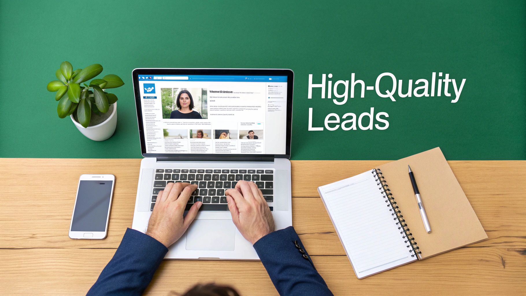 Person typing on a laptop showing a LinkedIn profile, aiming for high-quality leads on a green desk.