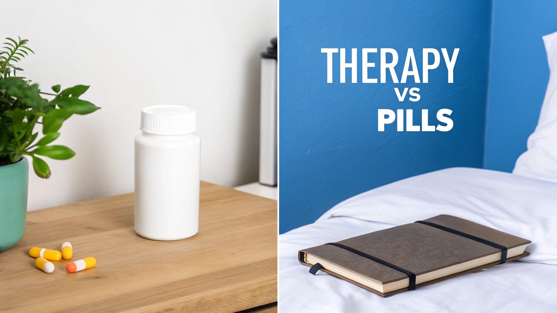 Split image showing a pill bottle and capsules on one side, and a journal with “THERAPY VS PILLS” text on the other.