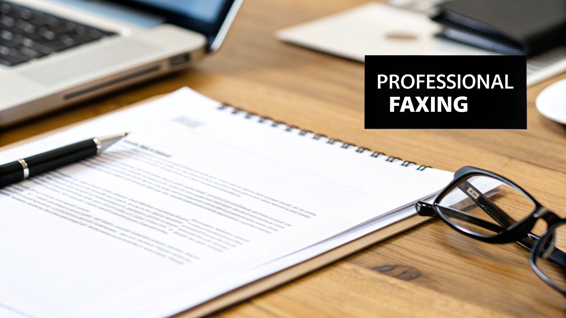 A wooden desk with a laptop, a document, a pen, glasses, and a sign saying 'PROFESSIONAL FAXING'.