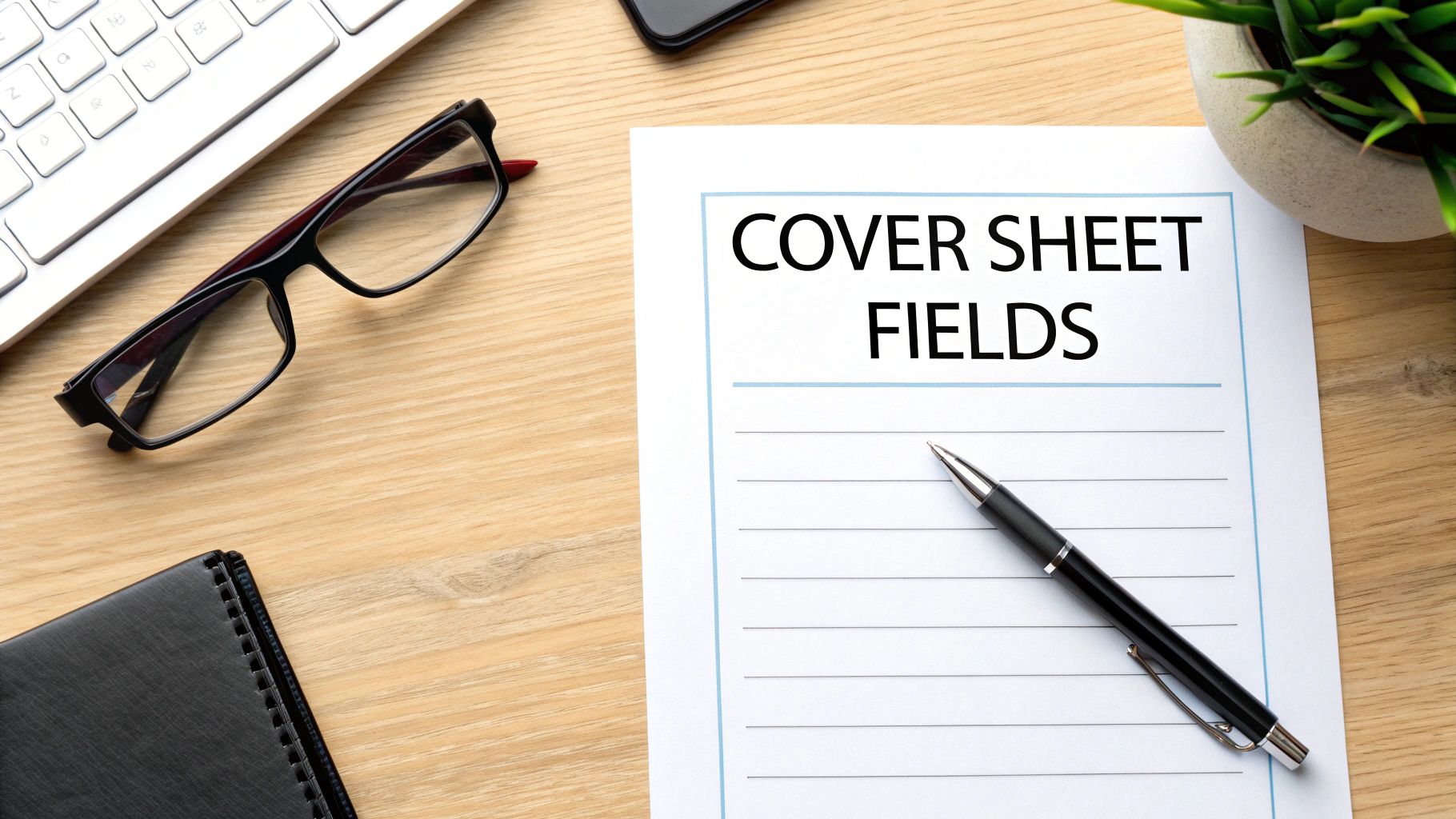 Top-down view of a 'COVER SHEET FIELDS' document, pen, glasses, and keyboard on a wooden desk.