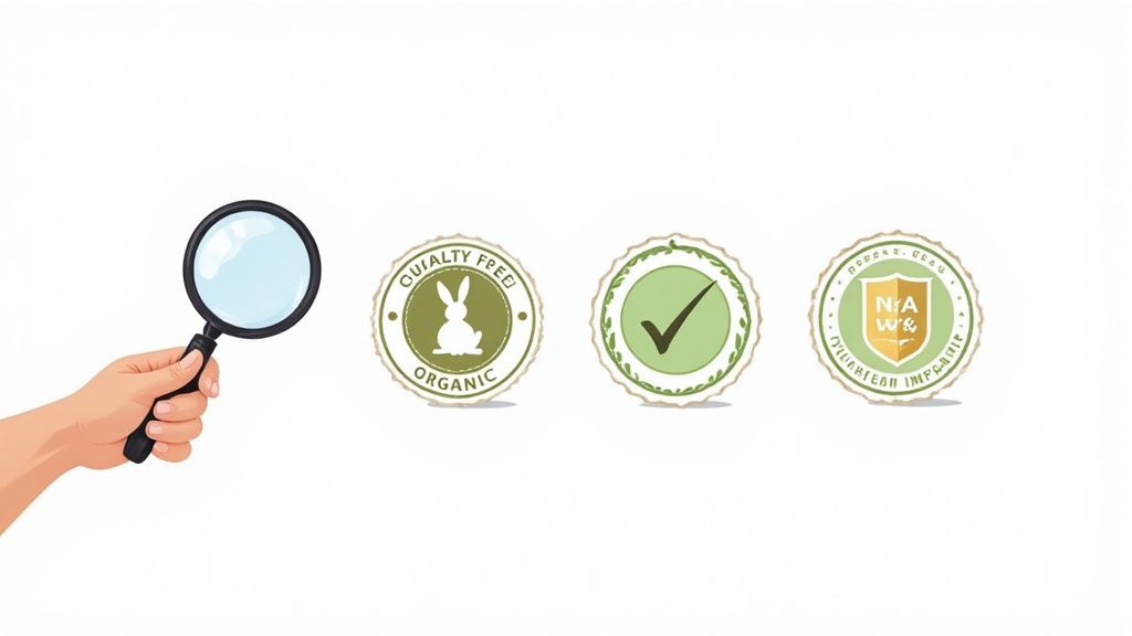 Hand holding magnifying glass examining organic cruelty-free and quality certification badges for eco friendly products