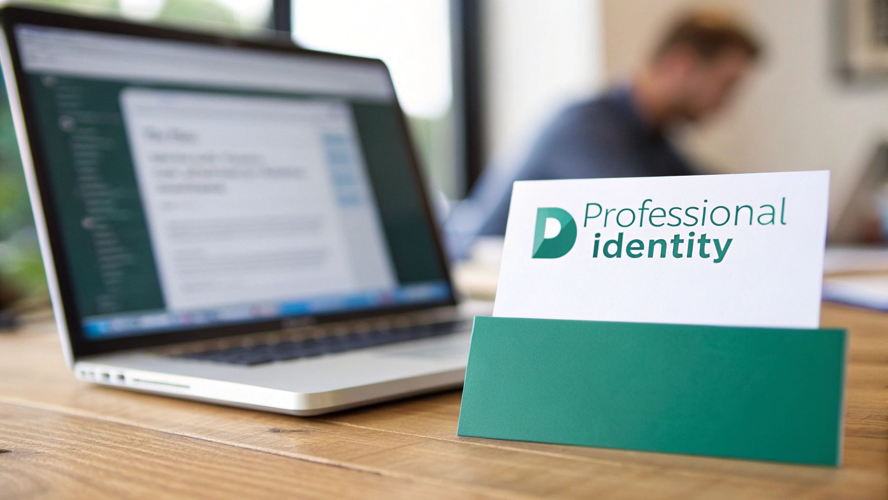 A laptop on a wooden desk with a 'Professional identity' card in the foreground, showing a blurred person working.