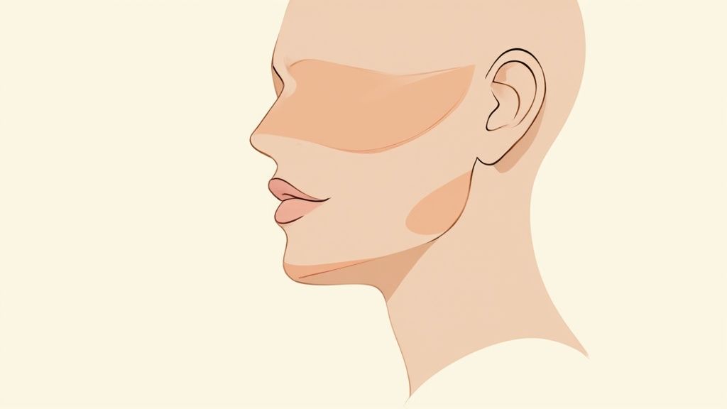 Woman swatching three different foundation shades on her jawline