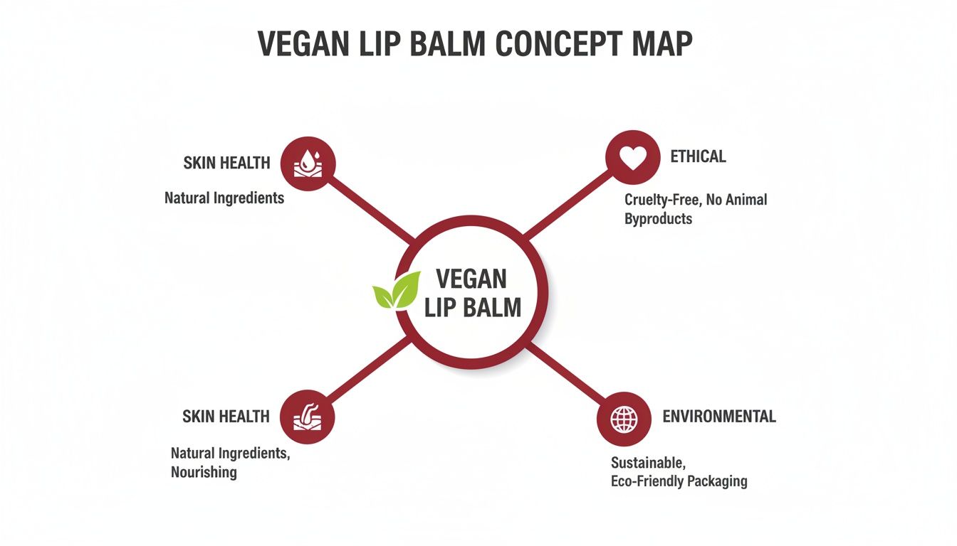 A concept map illustrating the core principles and benefits of vegan lip balm, focusing on skin health, ethical, and environmental aspects.