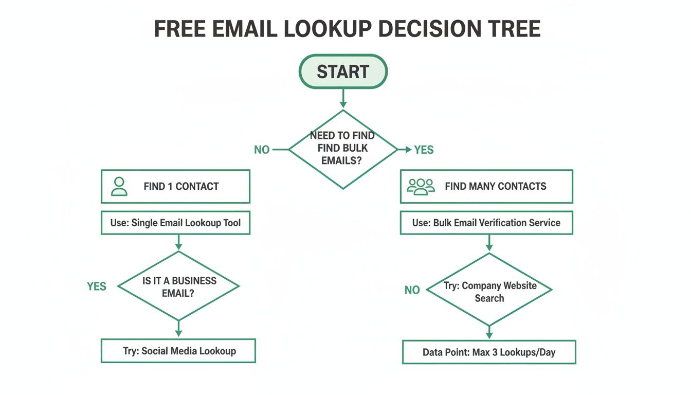Flowchart illustrating a free email lookup decision tree for finding single or bulk emails.