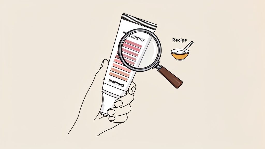 Hand holding a cosmetic tube with magnified ingredients list, next to a recipe bowl.