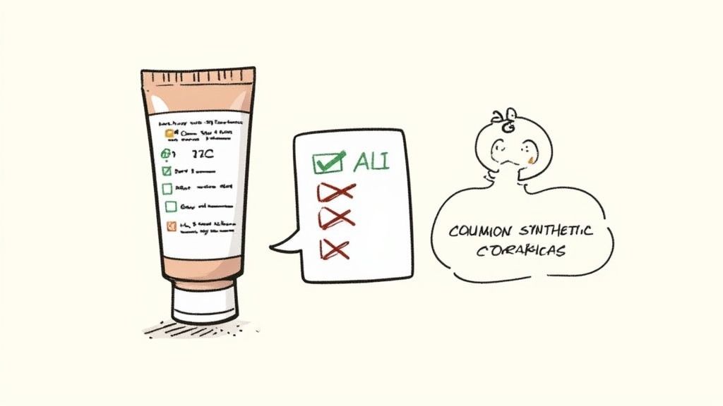 A person closely examining the ingredient label on the back of a makeup product.